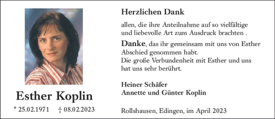 Traueranzeige von Esther Koplin von Dill Block