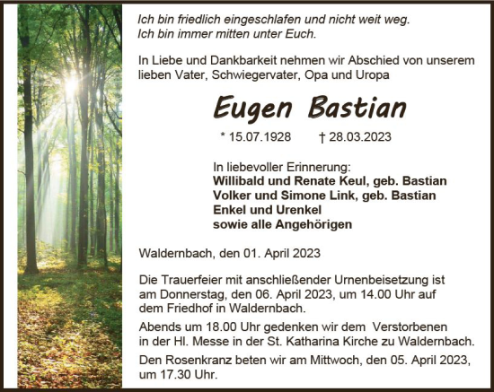 Traueranzeige von Eugen Bastian von Nassauische Neue Presse