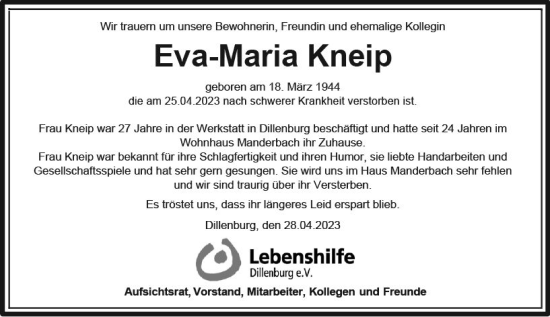 Traueranzeige von Eva-Maria Kneip von Dill Block