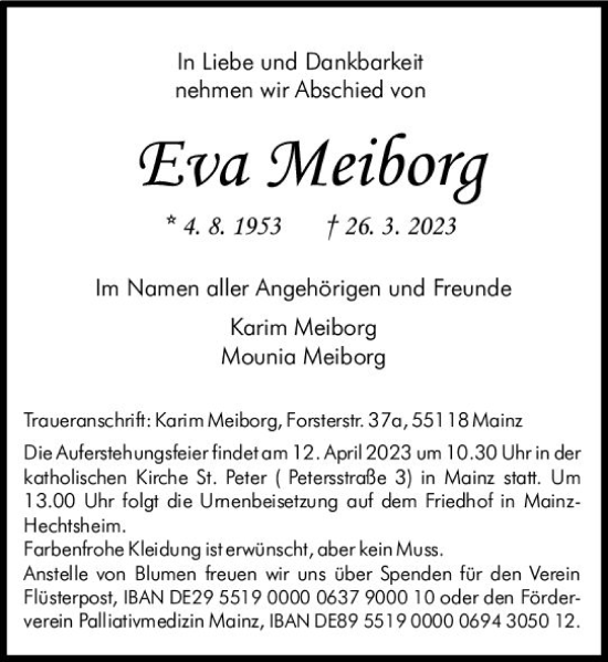 Traueranzeige von Eva Meiborg von Allgemeine Zeitung Mainz
