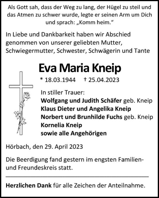 Traueranzeige von Eva Maria Kneip von Dill Block