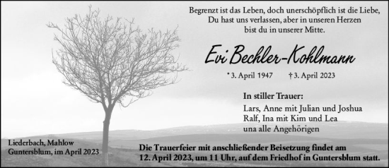 Traueranzeige von Evi Bechler-Kohlmann von Allgemeine Zeitung Mainz