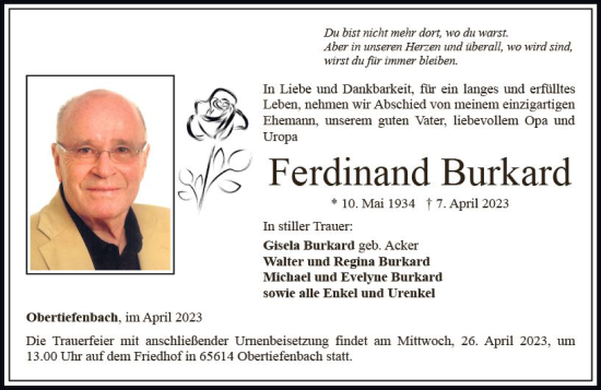 Traueranzeige von Ferdinand Burkard von Wiesbadener Kurier