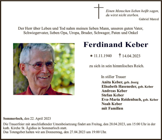 Traueranzeige von Ferdinand Keber von Allgemeine Zeitung Bad Kreuznach