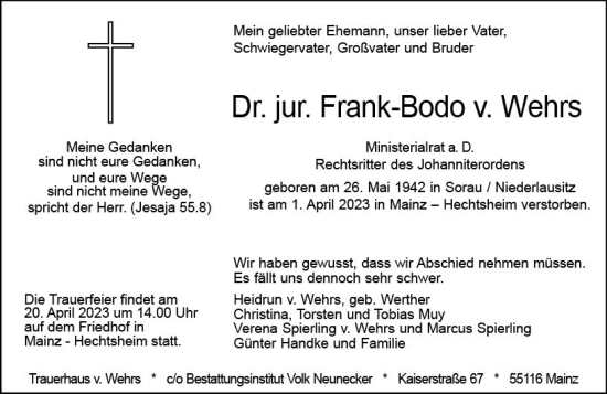 Traueranzeige von Frank-Bodo v. Wehrs von Allgemeine Zeitung Mainz
