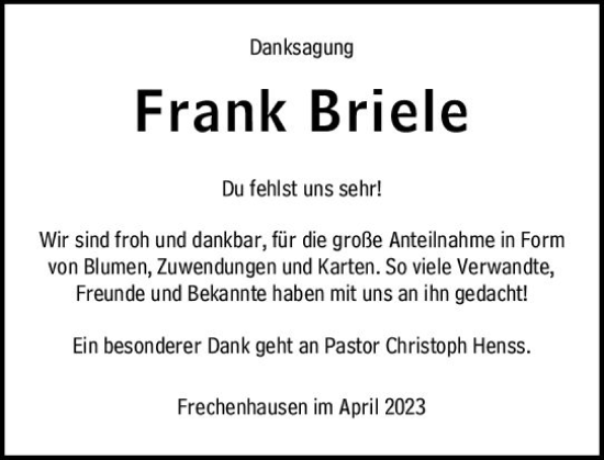 Traueranzeige von Frank Briele von Hinterländer Anzeiger