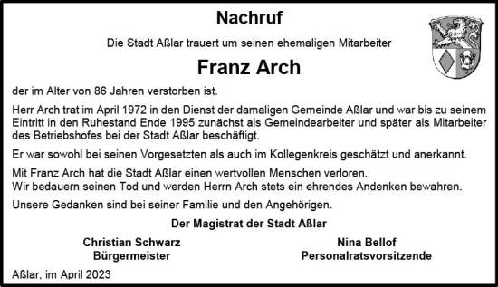Traueranzeige von Franz Arch von Wetzlarer Neue Zeitung