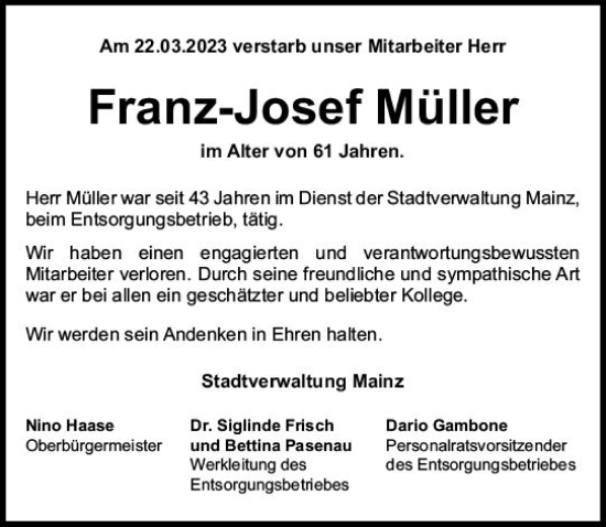 Traueranzeige von Franz-Josef Müller von Allgemeine Zeitung Mainz