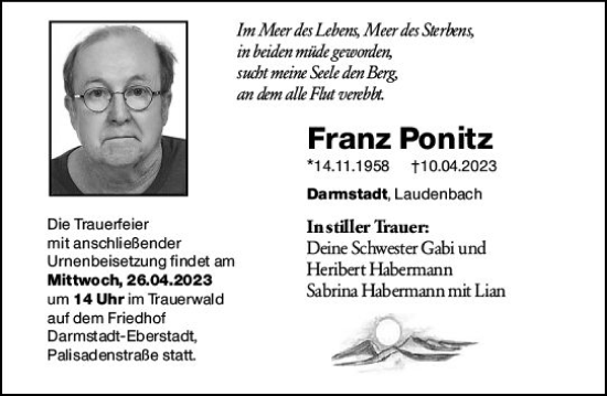 Traueranzeige von Franz Ponitz von Darmstädter Echo