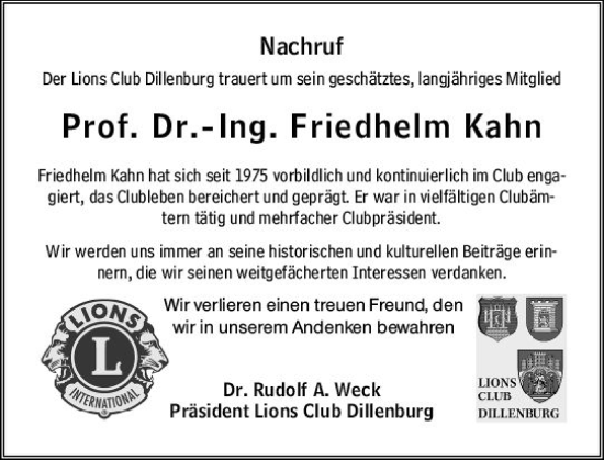Traueranzeige von Friedhelm Kahn von Dill Block