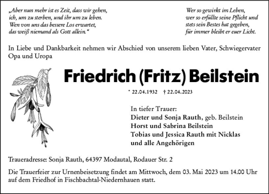 Traueranzeige von Friedrich Beilstein von Darmstädter Echo