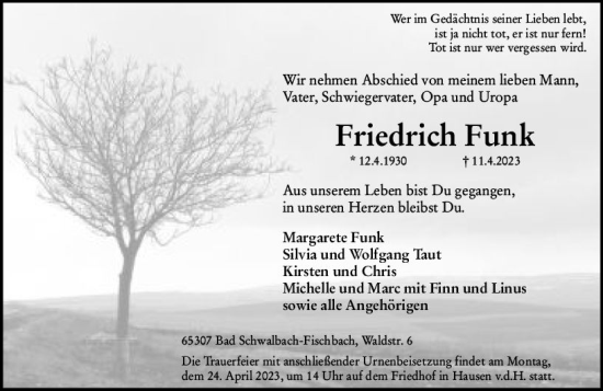 Traueranzeige von Friedrich Funk von Wiesbadener Kurier