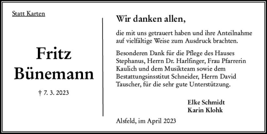 Traueranzeige von Fritz Bünemann von Oberhessen Kurier