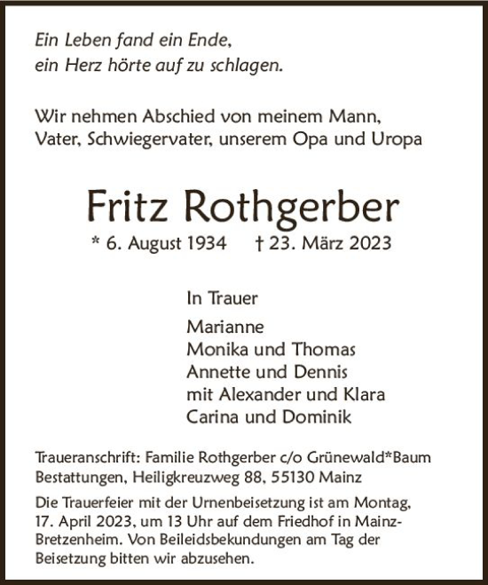 Traueranzeige von Fritz Rothgerber von Allgemeine Zeitung Mainz