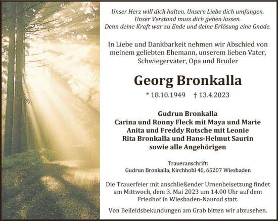 Traueranzeige von Georg Bronkalla von Wiesbadener Kurier