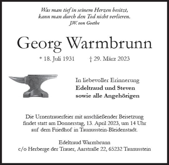 Traueranzeige von Georg Warmbrunn von Idsteiner Land/Untertaunus