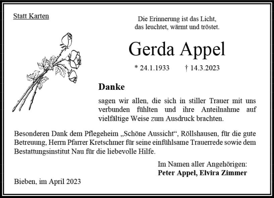 Traueranzeige von Gerda Appel von Oberhessen Kurier