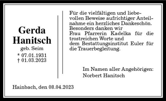 Traueranzeige von Gerda Hanitsch von Oberhessen Kurier