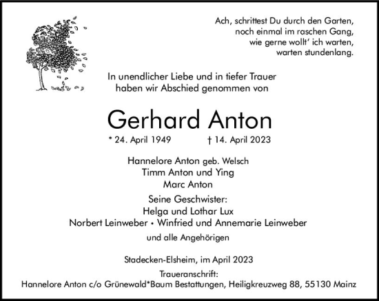 Traueranzeige von Gerhard Anton von Allgemeine Zeitung Mainz