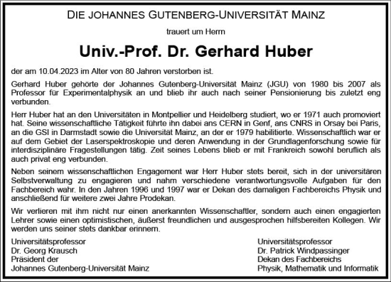 Traueranzeige von Gerhard Huber von Allgemeine Zeitung Mainz