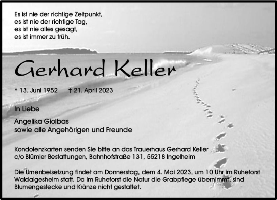 Traueranzeige von Gerhard Keller von Allgemeine Zeitung Bingen/Ingelheim