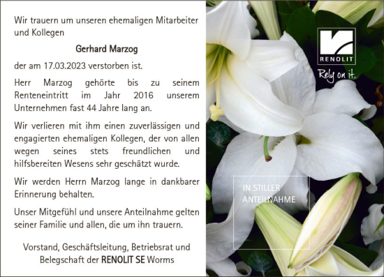 Traueranzeige von Gerhard Marzog von Wormser Zeitung