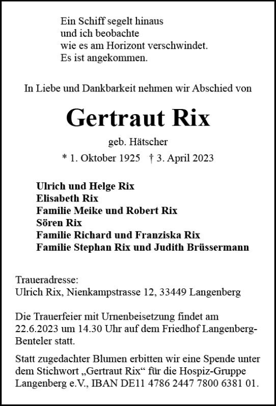 Traueranzeige von Gertraut Rix von Allgemeine Zeitung Mainz