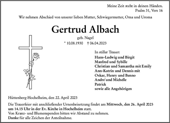 Traueranzeige von Gertrud Albach von Wetzlarer Neue Zeitung