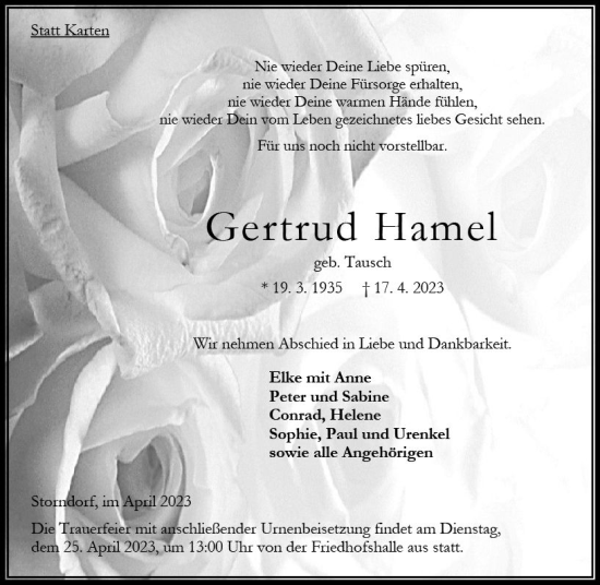 Traueranzeige von Gertrud Hamel von VRM Trauer