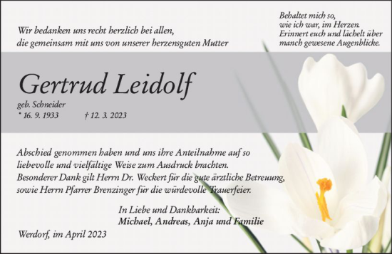 Traueranzeige von Gertrud Leidolf von Wetzlarer Neue Zeitung