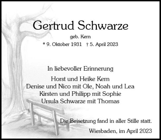 Traueranzeige von Gertrud Schwarze von Wiesbadener Kurier