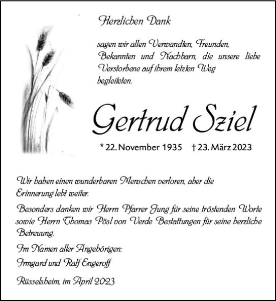 Traueranzeige von Gertrud Sziel von Rüsselsheimer Echo