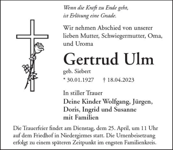 Traueranzeige von Gertrud Ulm von Wetzlarer Neue Zeitung