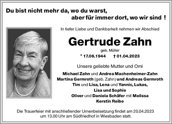 Traueranzeige von Gertrude Zahn von Wiesbadener Kurier Traueranzeige von Gertrude Zahn von Wiesbadener Kurier