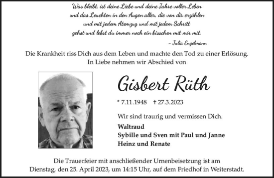 Traueranzeige von Gisbert Rüth von Darmstädter Echo
