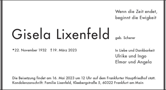 Traueranzeige von Gisela Lixenfeld von Nassauische Neue Presse