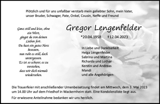 Traueranzeige von Gregor Lengenfelder von Allgemeine Zeitung Mainz