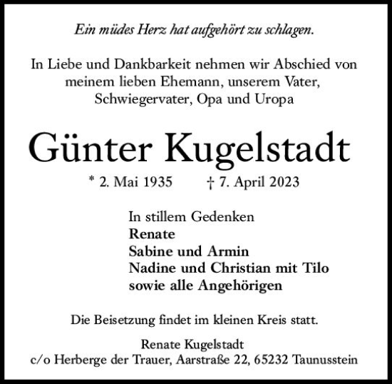 Traueranzeige von Günter Kugelstadt von Idsteiner Land/Untertaunus