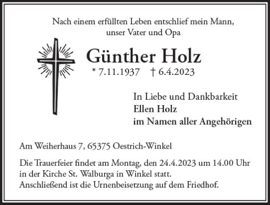 Traueranzeige von Günther Holz von Wiesbadener Kurier