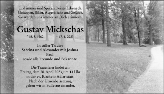 Traueranzeige von Gustav Mickschas von Wetzlarer Neue Zeitung
