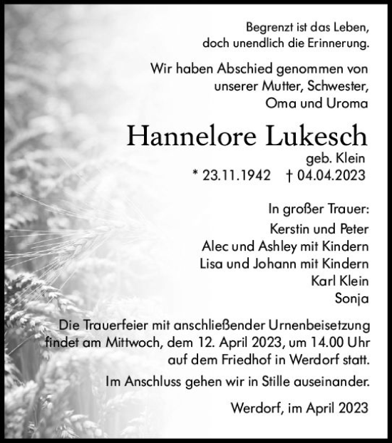 Traueranzeige von Hannelore Lukesch von Wetzlarer Neue Zeitung