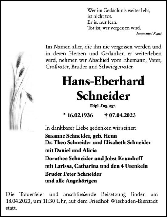 Traueranzeige von Hans-Eberhard Schneider von Wiesbadener Kurier Traueranzeige von Hans-Eberhard Schneider von Wiesbadener Kurier