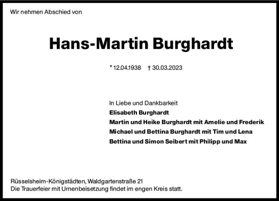 Traueranzeige von Hans-Martin Burghardt von Rüsselsheimer Echo