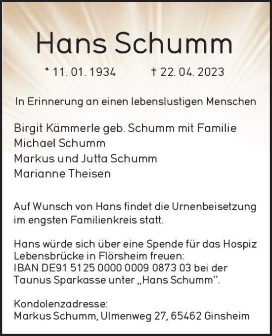 Traueranzeige von Hans Schumm von Allgemeine Zeitung Mainz