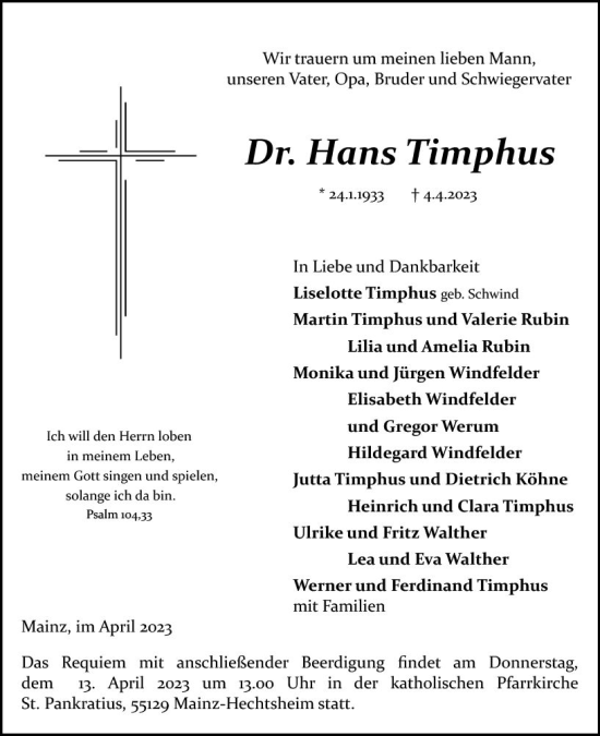 Traueranzeige von Hans Timphus von Allgemeine Zeitung Mainz