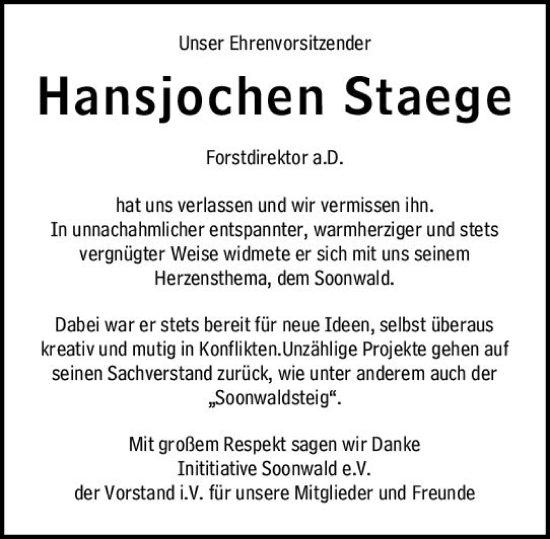 Traueranzeige von Hansjochen Staege von Allgemeine Zeitung Bad Kreuznach