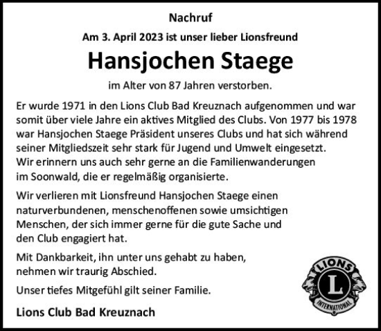 Traueranzeige von Hansjochen Staege von Allgemeine Zeitung Bad Kreuznach