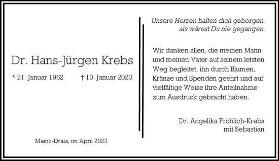 Traueranzeige von Hans Jürgen Krebs von Allgemeine Zeitung Mainz