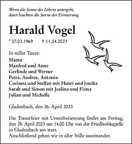 Traueranzeige von Harald Vogel von Hinterländer Anzeiger