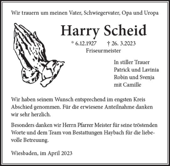 Traueranzeige von Harry Scheid von Wiesbadener Kurier